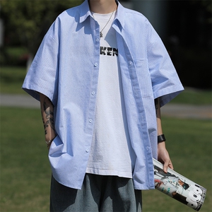 夏季学院风痞帅休闲衬衣cityboy蓝色条纹短袖衬衫男图片