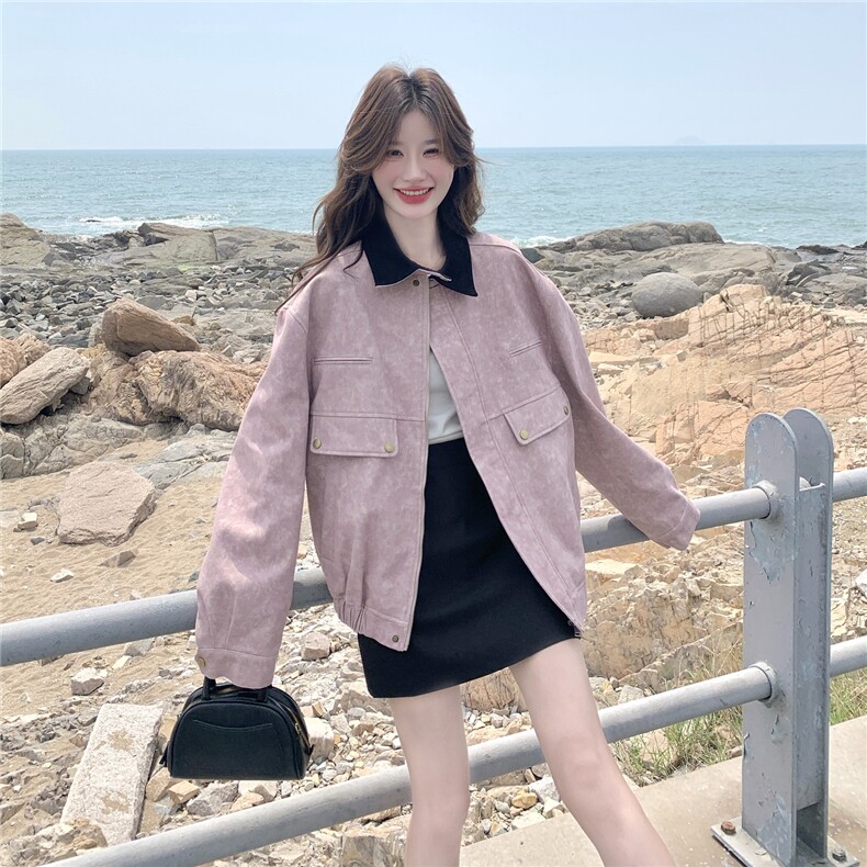 粉紫色扎染时尚工装短款夹克外套女2025秋季新款韩系甜酷气质上衣,女装短外套,2C198