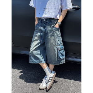 V112-P50 复古多口袋牛仔短裤女男水洗做旧宽松阔腿七分裤子图片