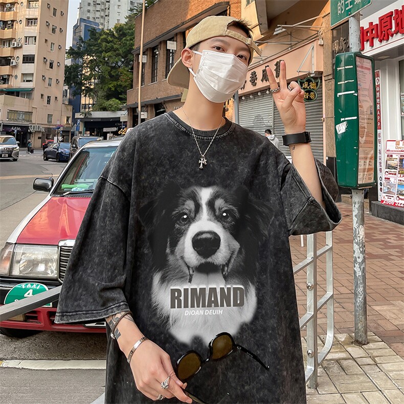 B239-1131-P38美式宠物狗狗大印花复古水洗做旧落肩袖短袖T恤,男装T恤,星座514-2(原B239)