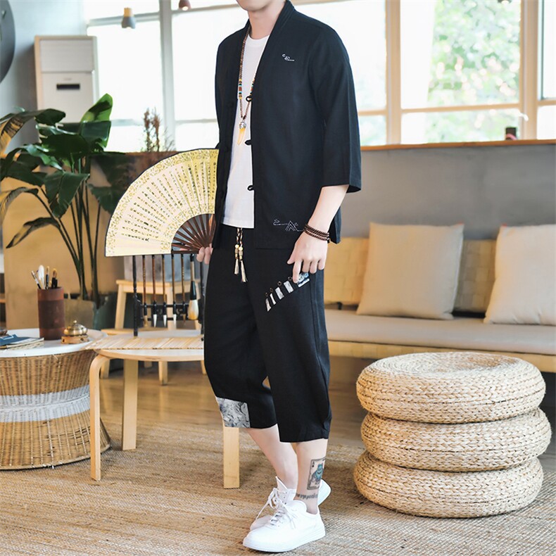 夏季亚麻男士套装开衫休闲运动衫七分裤风A266-1-TZ4058-P75,男装休闲套装,电商A266-1