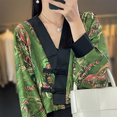 中国风缎面印花V领披肩女新中式复古真丝开衫春夏短款外套上衣，女装T恤，佳绒高端店