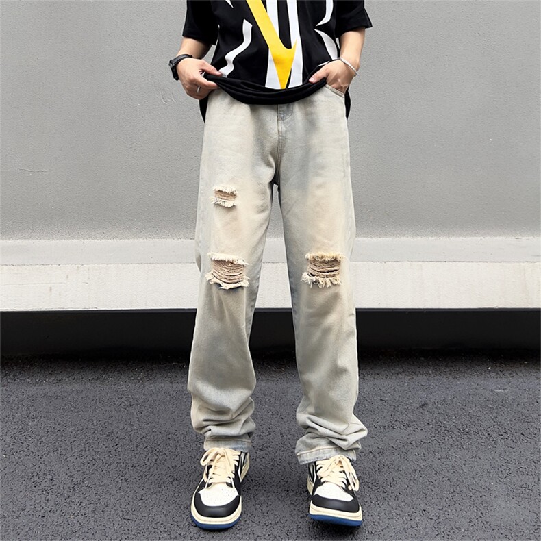 牛仔裤男夏季破洞直筒裤子高街vibe潮牌宽松休闲长裤N031-P40,男装牛仔裤,星座308B-1