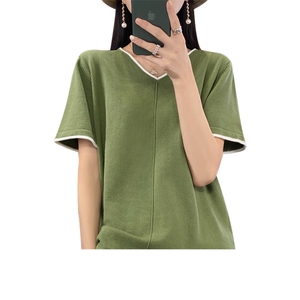 100%纯棉短袖t恤女2024春夏新款v领韩版宽松拼色百搭短款打底上衣图片