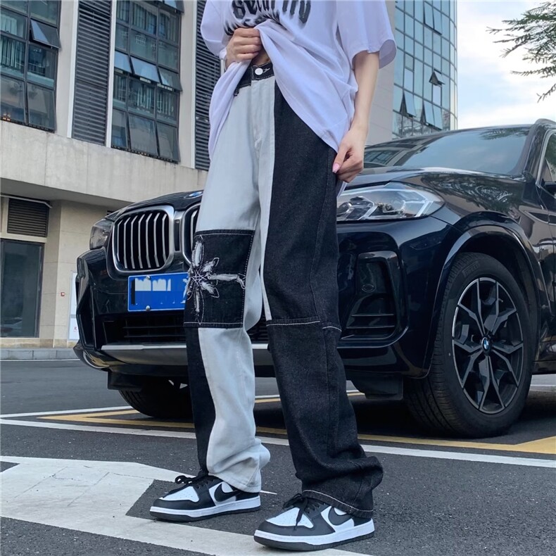 欧美高街vibe复古拼接牛仔裤男潮流撞色宽松直筒百搭CK35-P70,男装牛仔裤,星座1109-3