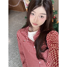 红色刺绣polo领格纹衬衫男女春夏季外套防晒宽松衬衣情侣上衣，男装衬衫，星座1210-1