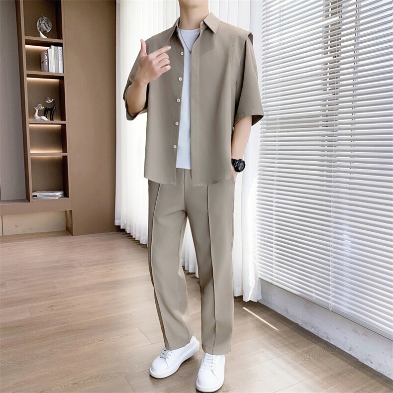 2025夏季新款套装高级感冰丝短袖衬衫休闲透气上衣长裤两件套图片
