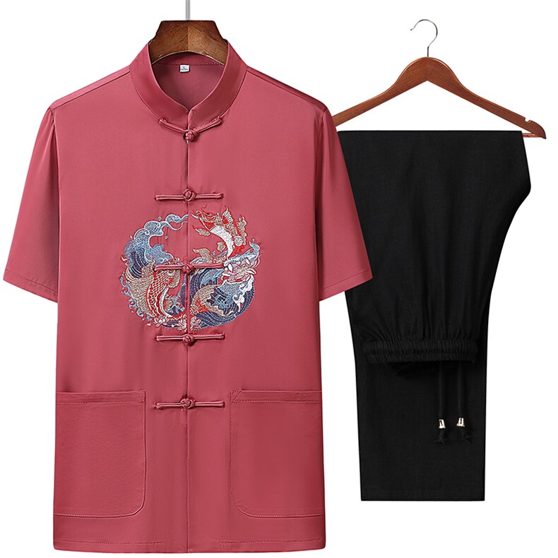 唐装男中老年情侣套装夏季结婚礼服绸爸爸装YD92106-P125,男装民族服装,星座1105-3