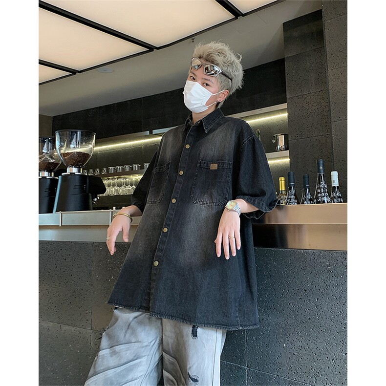 2024新款美式小众水洗染牛仔衬衫男短袖宽松痞帅现货W8262-P54,男装T恤,星座512-4