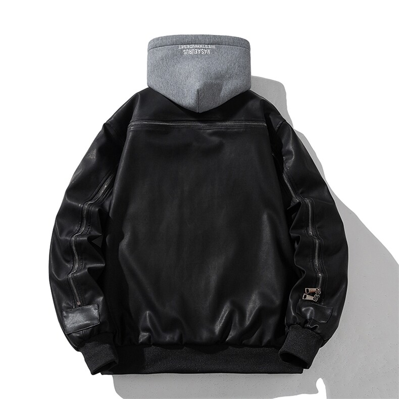现货黑色PU皮棒球服外套秋冬棉服带帽可拆卸,男装棉衣,电商A105