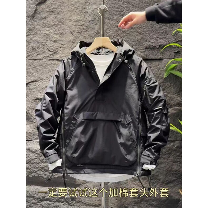 (网图)工装套头连帽棉服冲锋衣休闲纯色保暖棉衣313B-JK9927-P110,男装夹克,星座313B