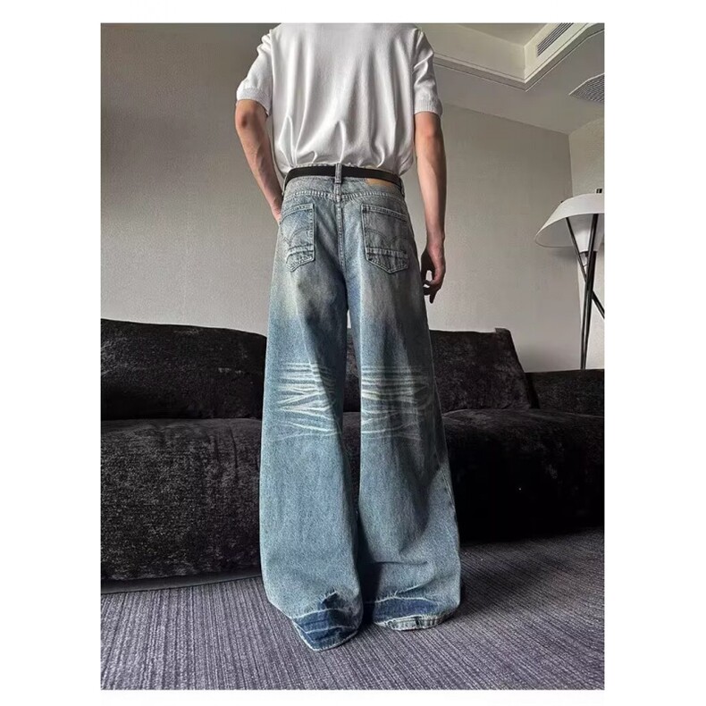 美式复古水洗猫须阔腿牛仔裤男女宽松显瘦cleanfit拖地裤,男装牛仔裤,星座410-7