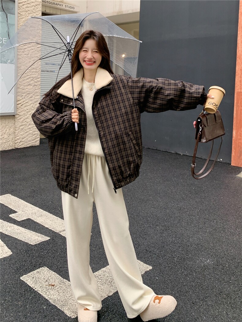 复古格子羊羔毛翻领羽绒服女2025冬季短款加厚面包服宽松保暖外套,女装羽绒服,艾米莉亚