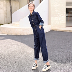 2024新款简约时尚个性气质翻领抽绳收腰显瘦牛仔连体长裤，女装打底裤，瑶迪