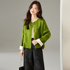 在仓~重磅人丝提花双面穿圆领落肩袖玉石扣宽松时尚外套，女装短外套，新依时派