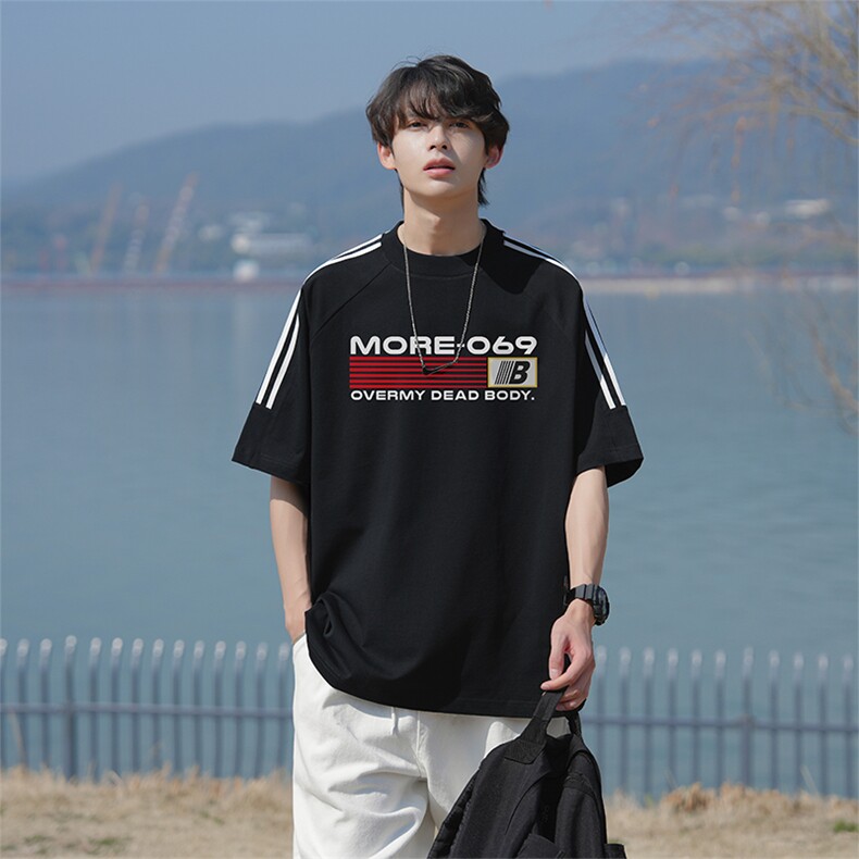 已注册新款抖音直播高品质三条杠运动宽松男短袖T恤T6023P28,男装T恤,电商C408-1(原B339-1)