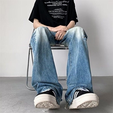 美式复古做旧破洞牛仔裤男女夏季潮牌情侣宽松直筒裤RK2517-P49，男装牛仔裤，星座412-2