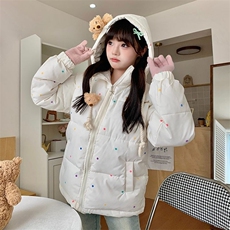 文文不乖原创可爱波点立领棉服设计感小熊宽松冬季棉衣女面包服，男装棉衣，星座1210-1