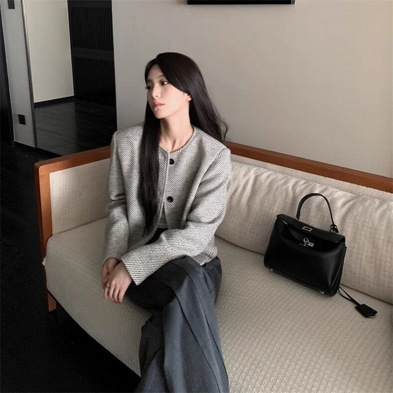 复古圆领单排扣上衣女条纹宽松毛呢小香风外套,女装短外套,星座506A