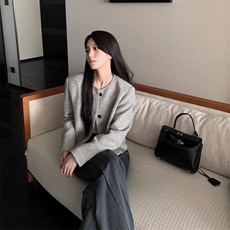 复古圆领单排扣上衣女条纹宽松毛呢小香风外套，女装短外套，星座506A