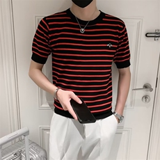 条纹短袖针织衫男春夏休闲线衣T恤男蜜蜂刺绣潮流半袖衣服男S247，男装T恤，星座1116A-2（原606A-1）