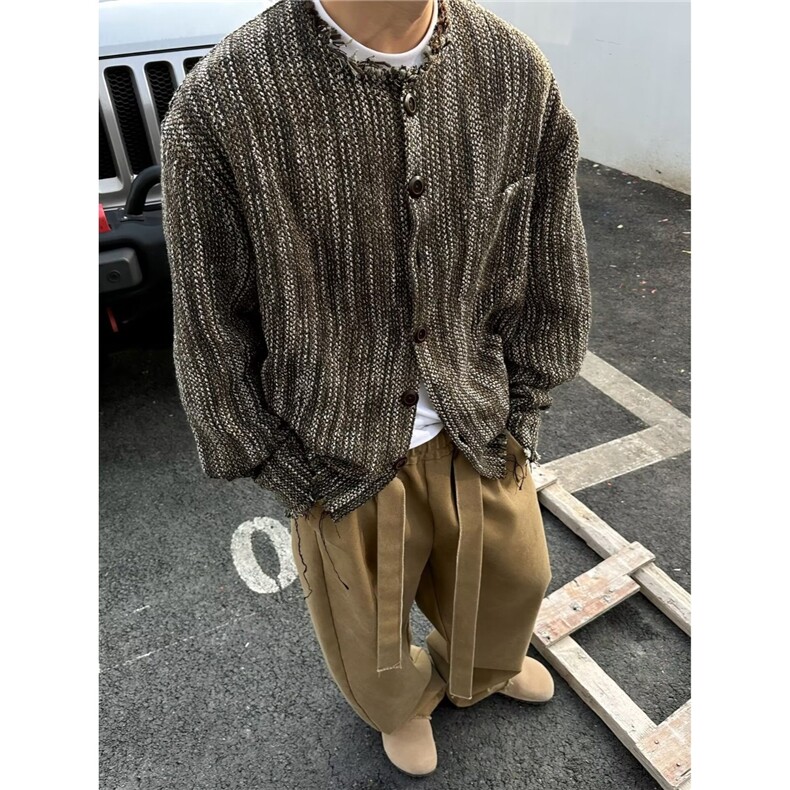 潮流时尚新款ins慵懒废土风混色编织毛边无领夹克日系流行百搭,男装夹克,星座506A