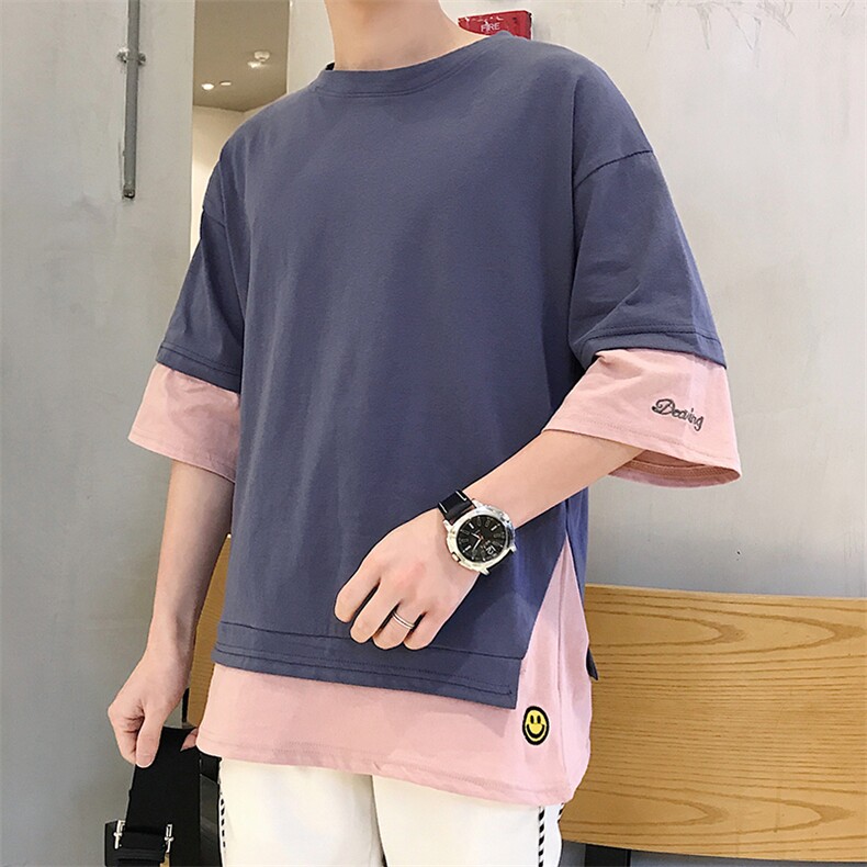 A003-HT002-P20夏季新款黄色笑脸假两件休闲短袖T恤2港仔风,男装T恤,电商A003