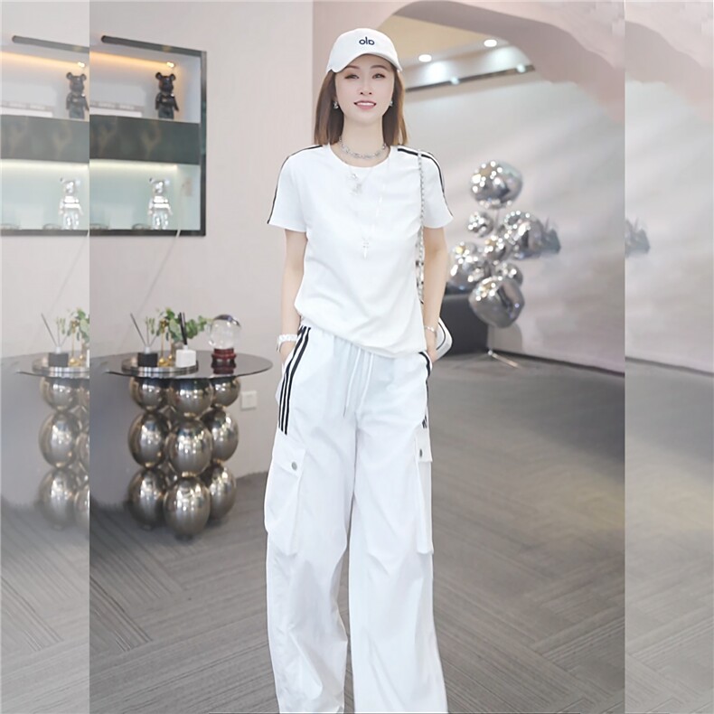 女夏季高级感休闲运动套装圆领收腰短袖上衣休闲束脚长裤两件套潮图片