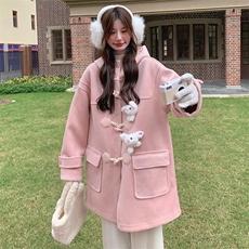 Bigsize宽松连帽羊毛呢外套（玩偶可拆装）甜美粉色，女装毛呢外套，天使之佳话