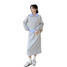 灰色休闲两件套女秋季2025新款学院风穿搭条纹拼接卫衣半身裙套装，女装套装/套裙，2C206