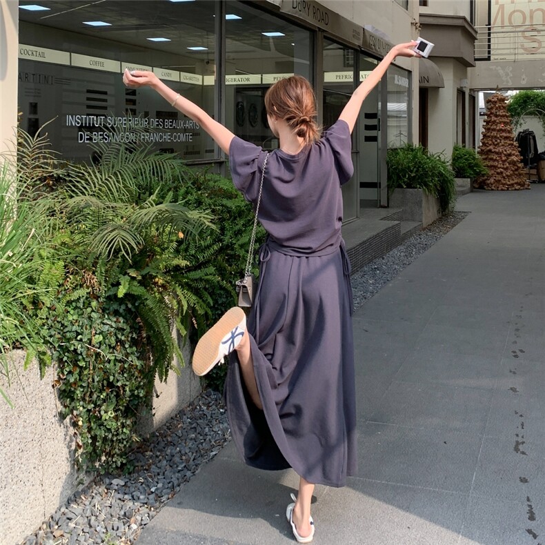 灰色松弛感穿搭套装夏装搭配一整套舒适休闲时尚上衣半身裙两件套,女装套装/套裙,2C316