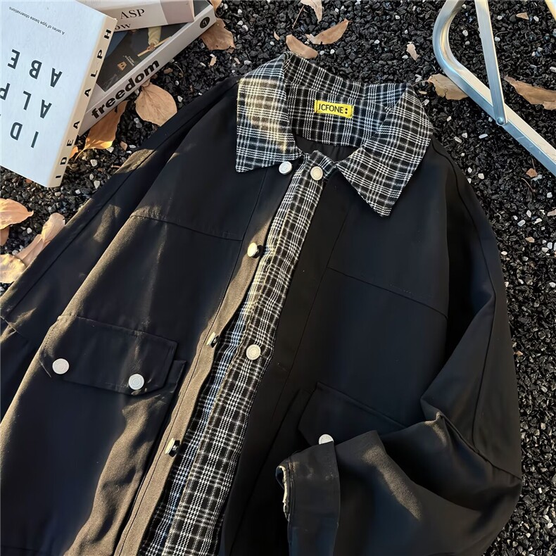 气质时尚登山棉料假两件格子夹克百搭文艺新款流行ins潮流原宿，男装夹克，星座1210-1