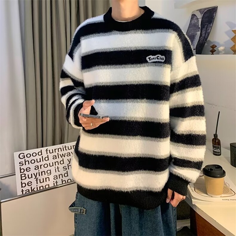 wassuphappy条纹圆领毛衣男冬季潮牌宽松情侣软糯保暖休闲针织衫,男装针织衫/毛衣,星座1008