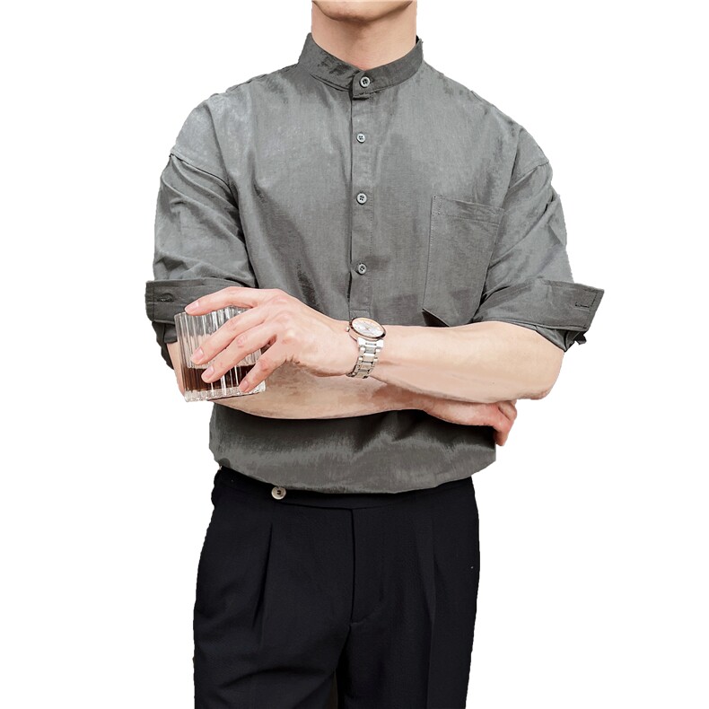 夏季男士七分袖麻料立领衬衫男休闲修身休闲衬衣A236-C666-P58,男装衬衫,电商A236