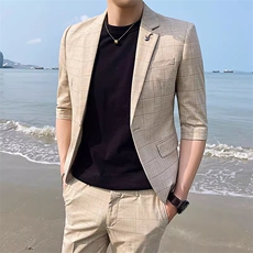 夏季格子款中袖西装两件套男装西服套装1012-W2106，男装西服，星座1012