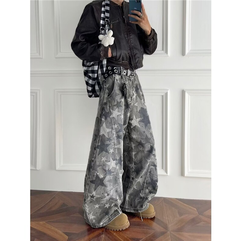 菱格纹满印牛仔裤男款高街提花痞帅炸街裤子美式微喇弯刀裤潮图片