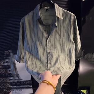 夏季新款潮牌深灰色条纹短袖衬衫时尚休闲百搭男士衬衣 CZ372图片