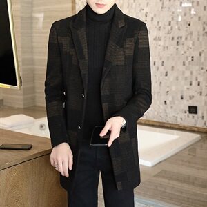 秋冬男士英伦中长款格子毛呢大衣修身时尚翻领外套风衣N10P150,男装毛呢大衣,电商B226-2（原B217-2）