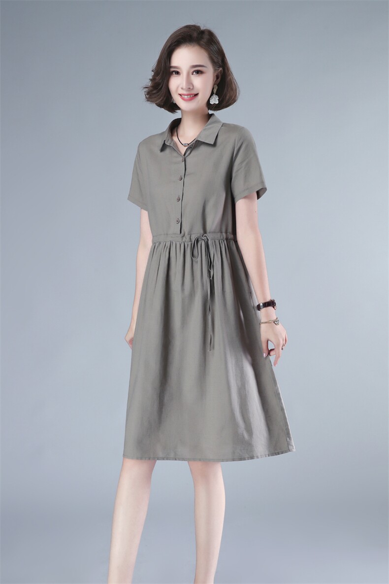 2021年夏季排扣中长款POLO领短袖纯色妈妈连衣裙纯棉韩版裙子,女装连衣裙,伊满意