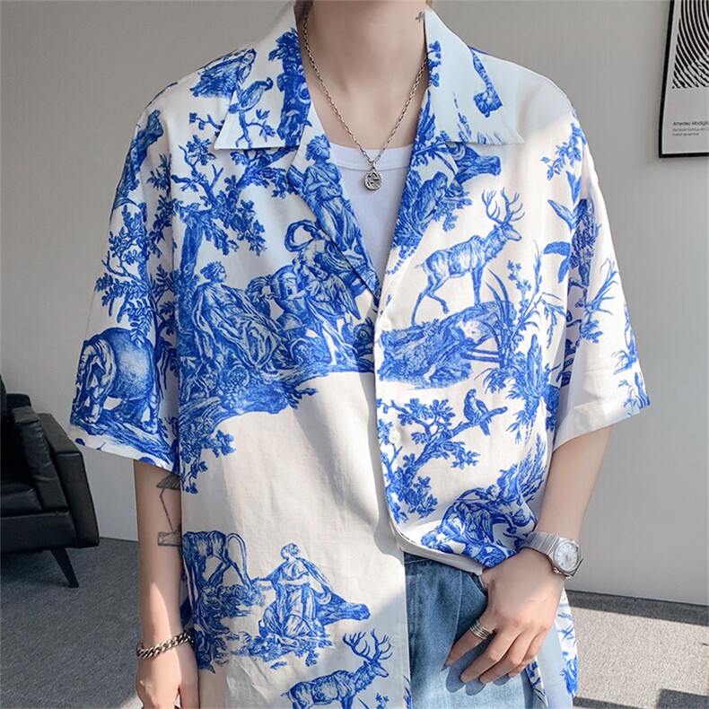 8XL-M天丝亚麻清爽晕染古巴领短袖衬衫男半截袖冰丝衬衣CS525P58,男装衬衫,电商D206-1