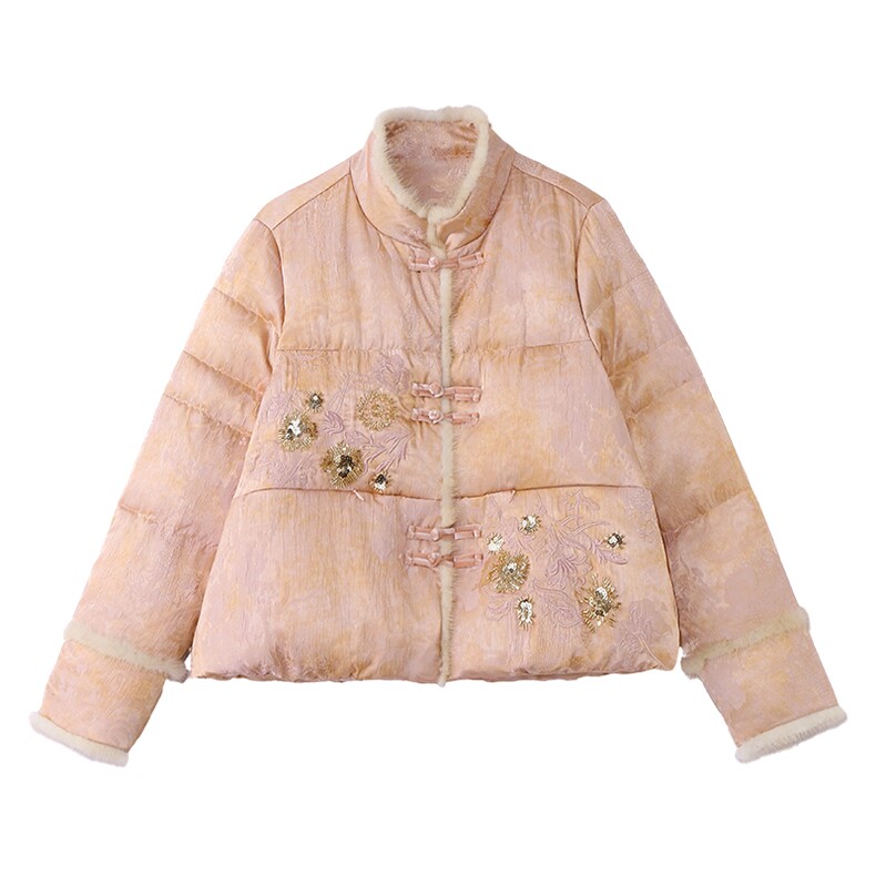保暖2025年冬季新款刺绣手工穿钻高档拼貂毛边羽绒服,女装羽绒服,布芭啦