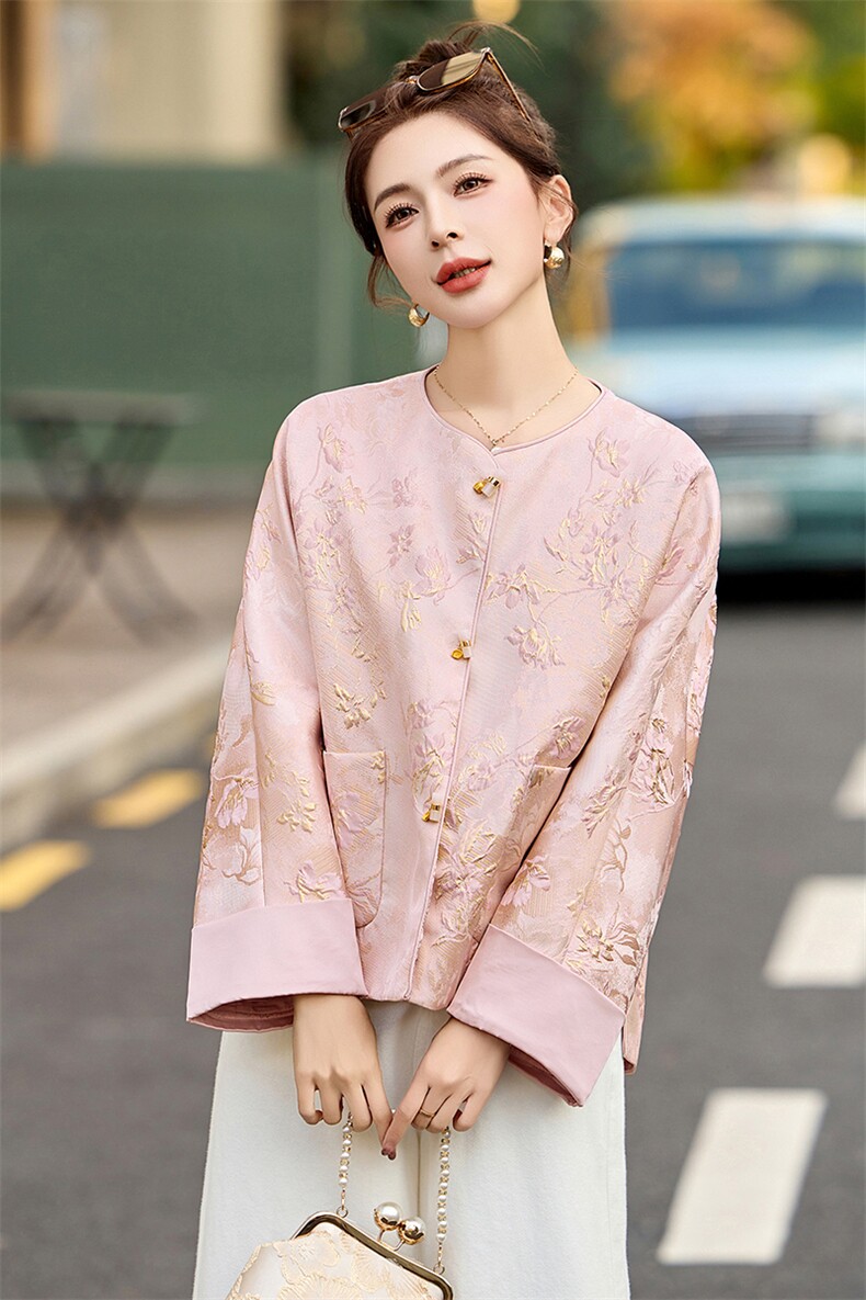 粉色小香风圆领提花外套女2025春季新款今年流行新中式小西服上衣,女装短外套,美沁