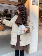 韩系针织围巾小香风羽绒服女2025冬季高级感白鸭绒内胆羊羔毛外套，女装羽绒服，艾米莉亚