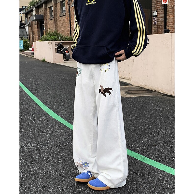 美式刺绣牛仔裤男士宽松直筒设计感微喇裤,男装牛仔裤,星座410-7
