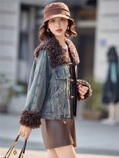 独特超好看羊羔毛拼接牛仔棉衣女2025冬新款夹棉加厚保暖棉服外套，女装短外套，印象茜