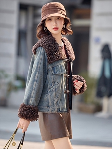 独特超好看羊羔毛拼接牛仔棉衣女2025冬新款夹棉加厚保暖棉服外套图片