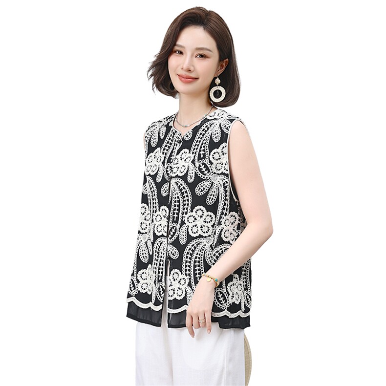 2025年夏季无袖刺绣开衫上衣,女装T恤,小林双子