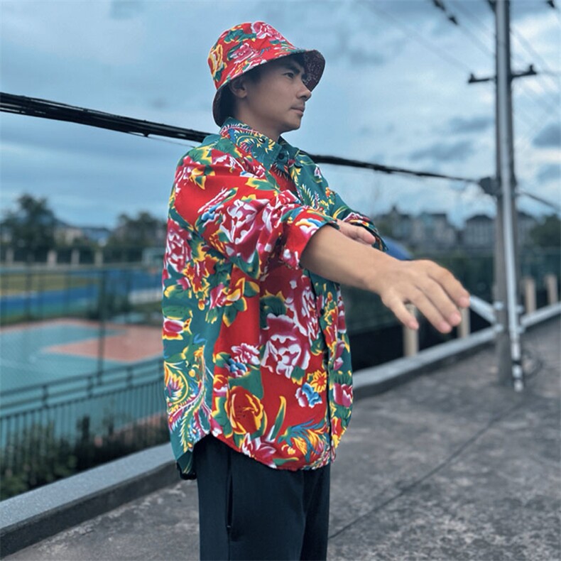 PC203长袖拼接东北大花风民族牡丹大花撞色AB版衬衫团队表演，男装民族服装，星座115A-2