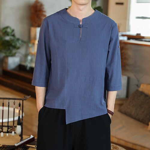 风夏盘扣宽松短袖纯色休闲T恤汉服大码七分袖上衣男M139P40，男装T恤，钱塘788(原4013)