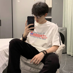 抖音得物高品质二开240克宽松纯棉美式潮牌三条杠织带短袖T恤图片